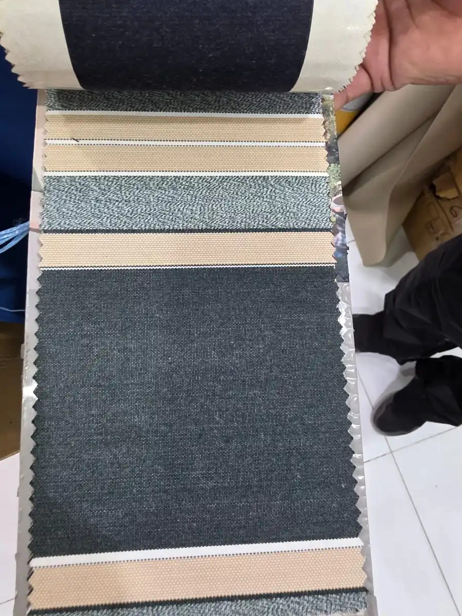 Polyspun Canvas — Charcoal with peach and pale blue stripes