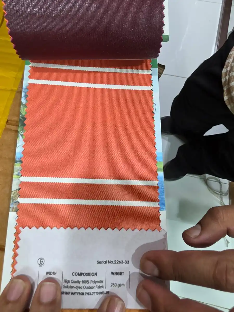 Solution-Dyed Polyester Fabric — Coral orange with narrow ivory stripes