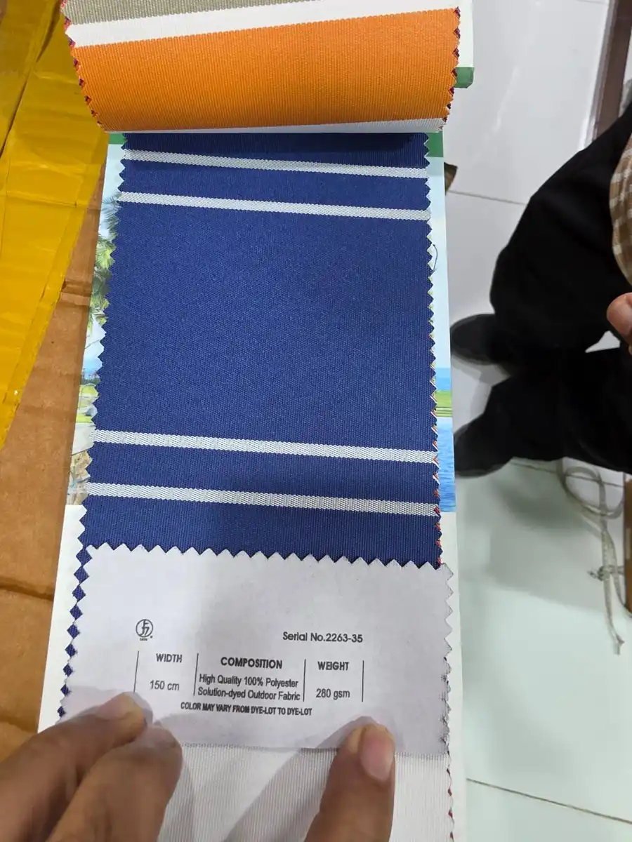 Solution-Dyed Polyester Fabric — Navy with grouped thin ivory stripes