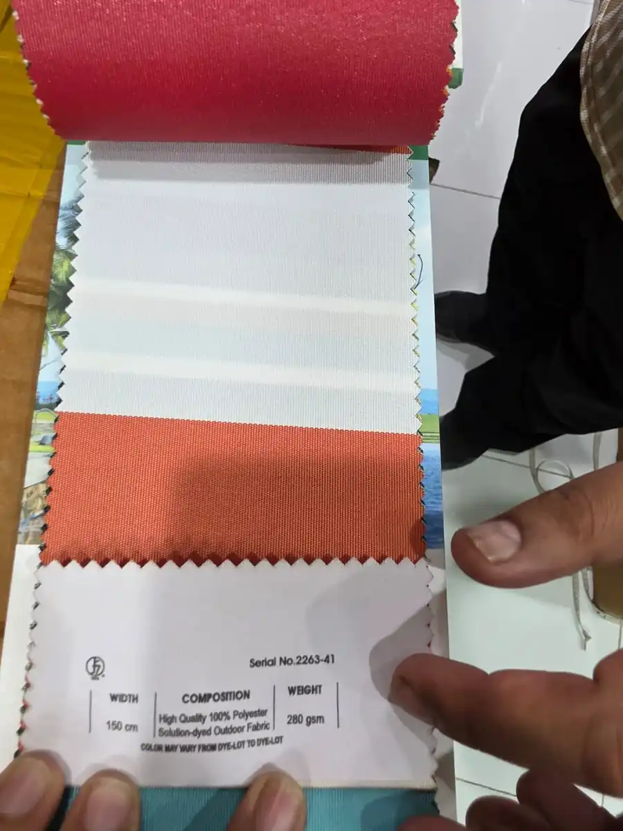 Solution-Dyed Polyester Fabric — Terracotta white and pale grey broad stripes