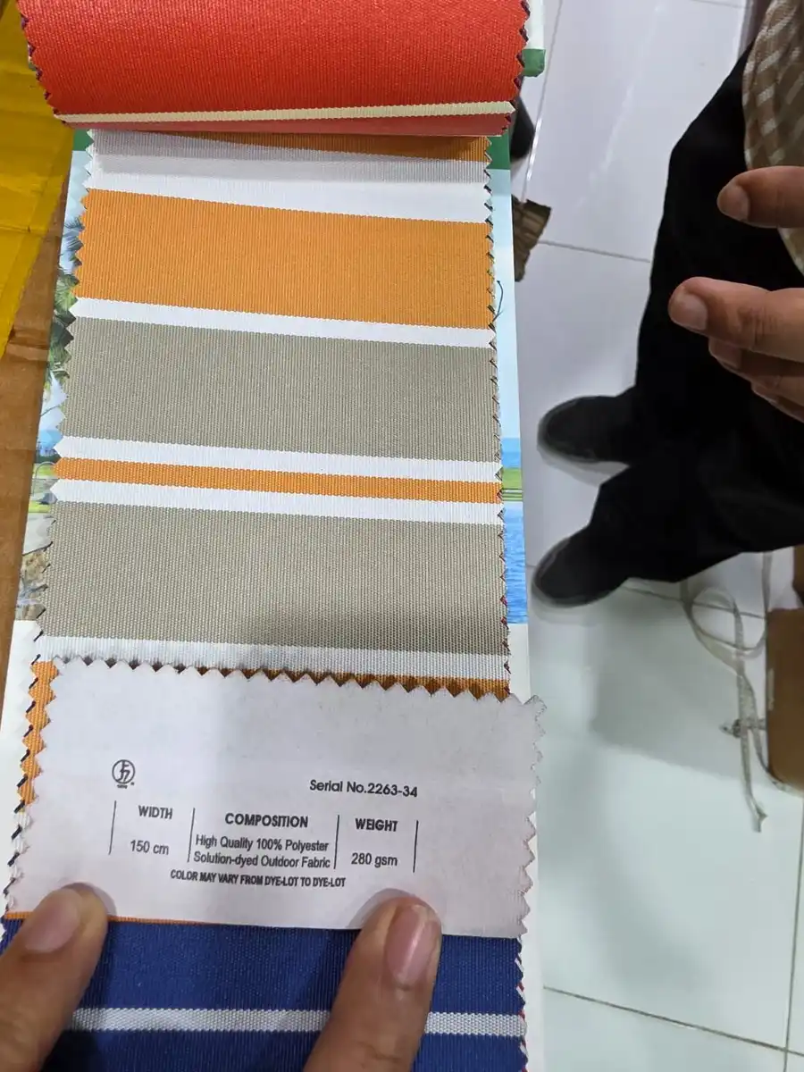 Solution-Dyed Polyester Fabric — Taupe gold and white mixed stripes