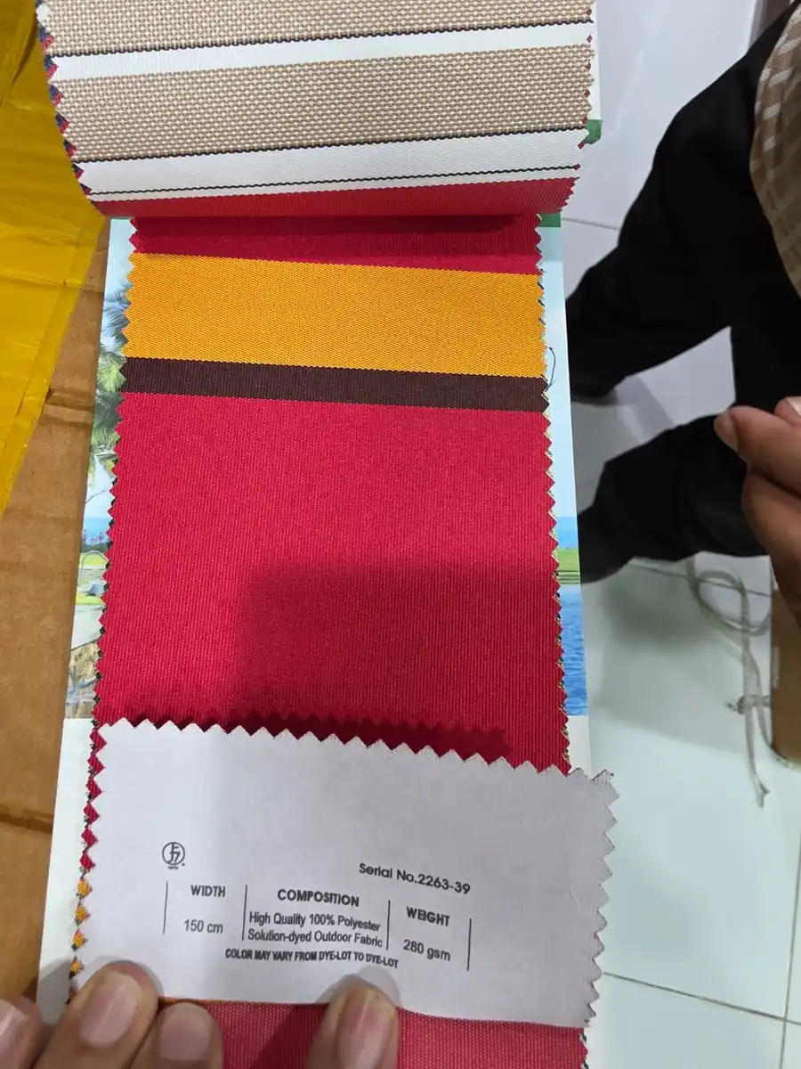 Solution-Dyed Polyester Fabric — Red yellow and dark narrow stripe bands