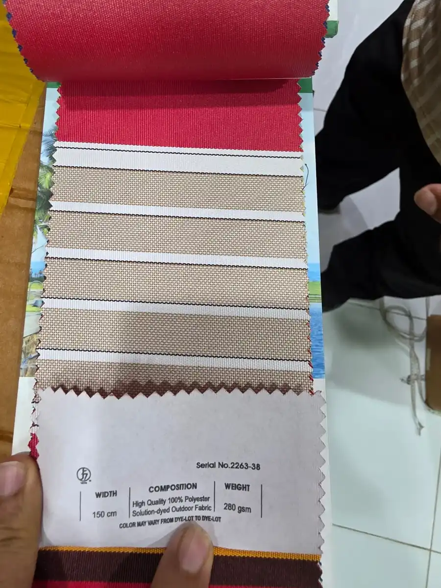 Solution-Dyed Polyester Fabric — Taupe beige and white narrow stripes