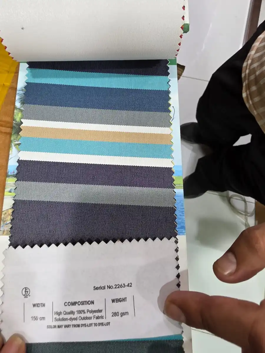 Solution-Dyed Polyester Fabric — Charcoal aqua white and ochre mixed stripes