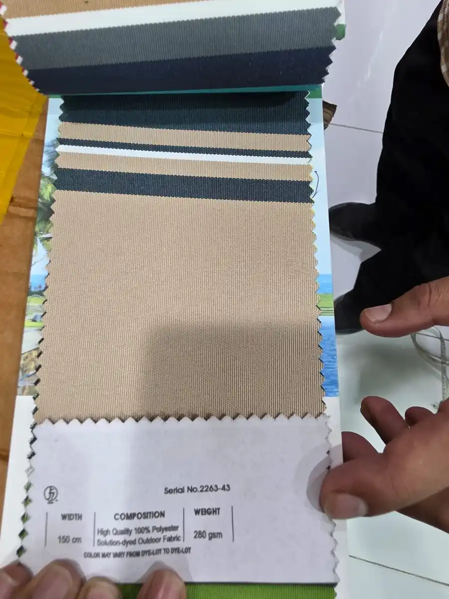 Solution-Dyed Polyester Fabric — Sand beige navy and white mixed stripes