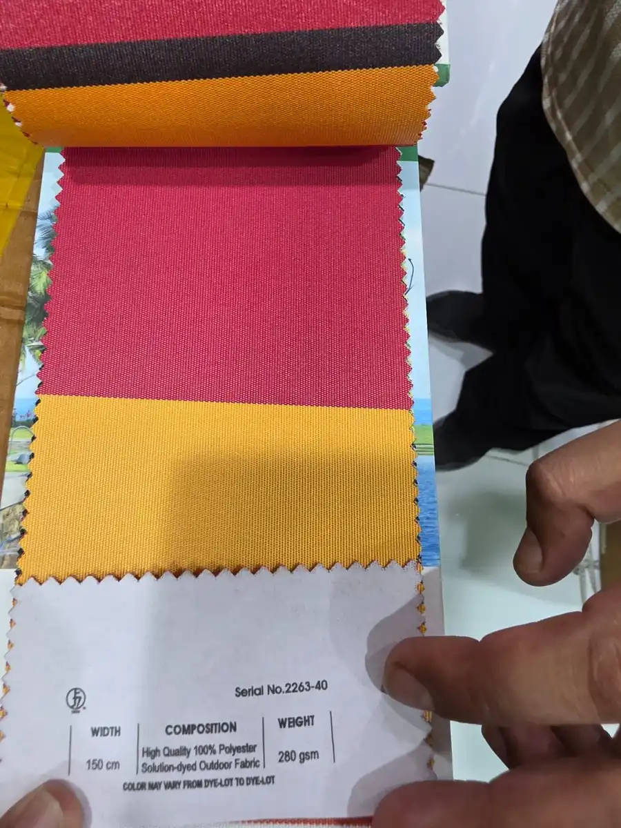 Solution-Dyed Polyester Fabric — Red gold and black broad stripe bands