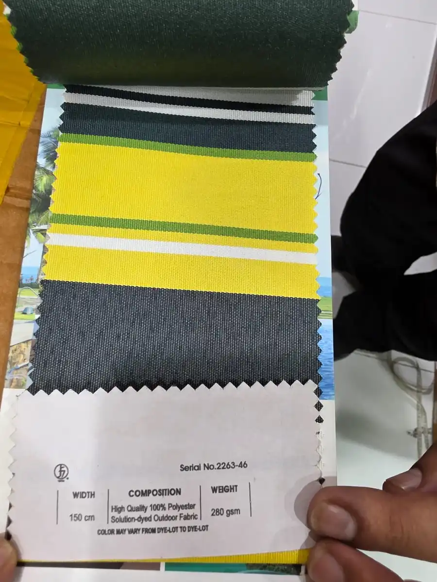 Solution-Dyed Polyester Fabric — Charcoal yellow and white mixed stripes