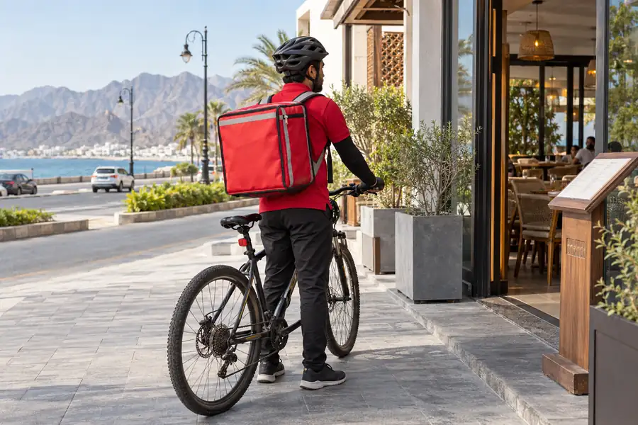 Thermal bags supplier Fujairah — illustrative cyclist delivery backpack