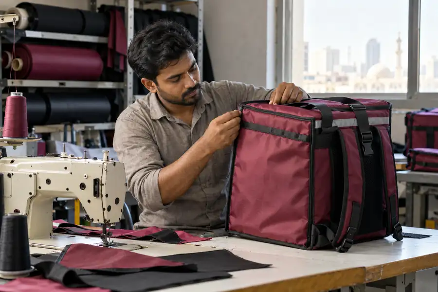 Thermal bags supplier Sharjah — illustrative bag stitching inspection