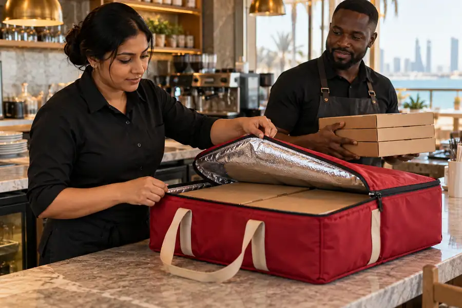 Thermal bags supplier Bahrain — illustrative pizza delivery bag packing