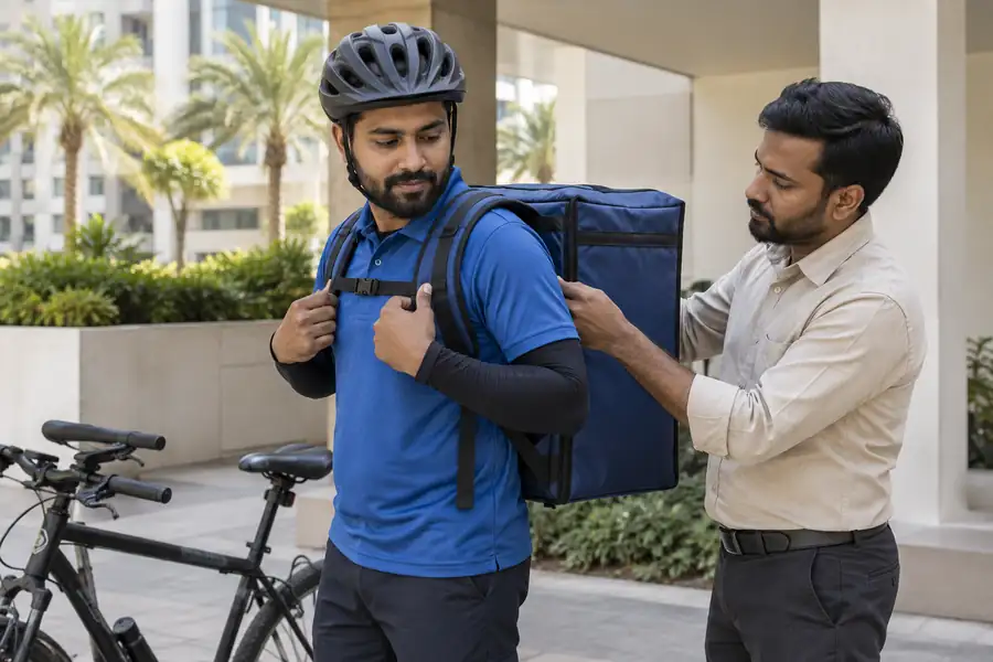 Approve fabric, colour and construction together Checking delivery backpack shoulder strap fit