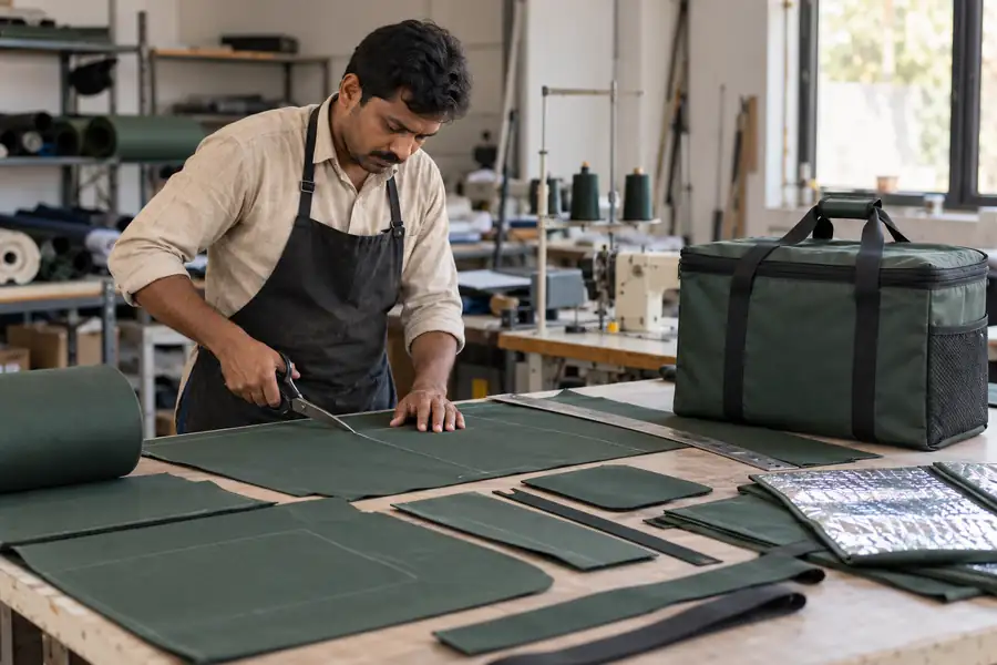 Indian tailor cutting Oxford fabric for thermal bags