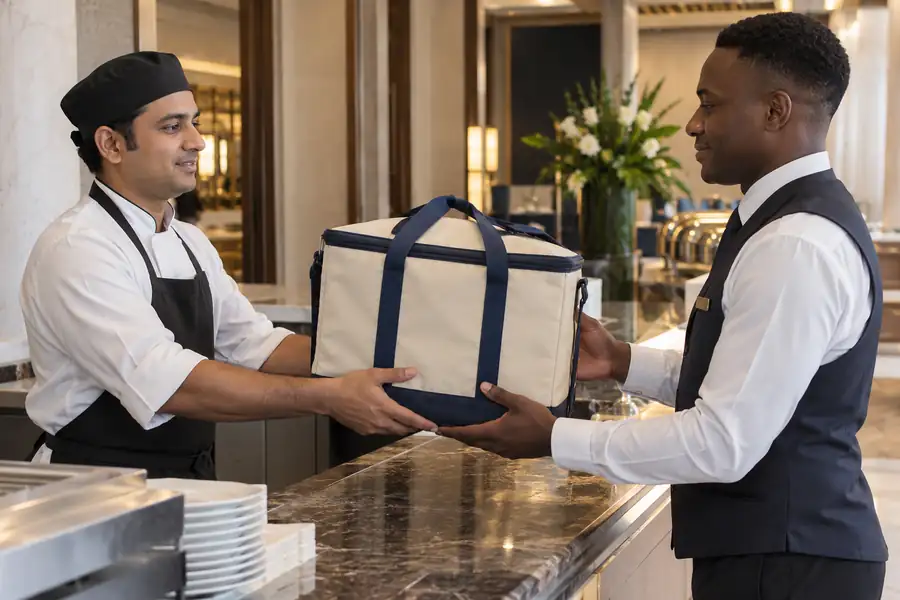 Insulated meal bag handover for hotel catering