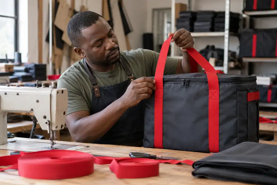Reinforced webbing straps on a cooler bag