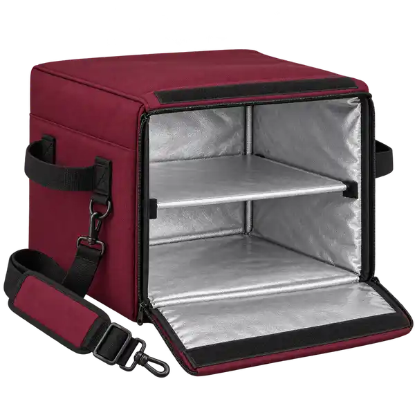 Maroon pizza carrier with empty divided interior