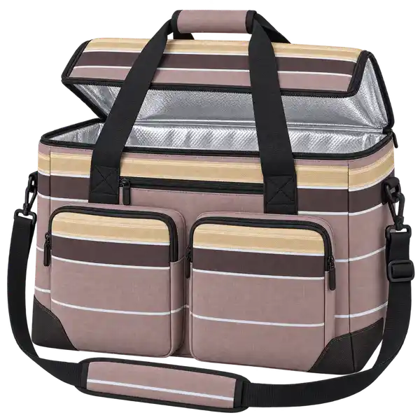Mauve Taupe With Fine White Stripes Polyspun Canvas Thermal Cooler Bag