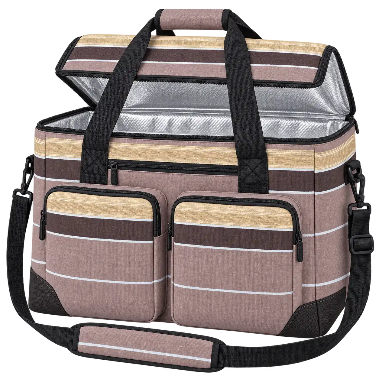 Mauve Taupe With Fine White Stripes Polyspun Canvas Thermal Cooler Bag — As illustrated; custom strap colours available
