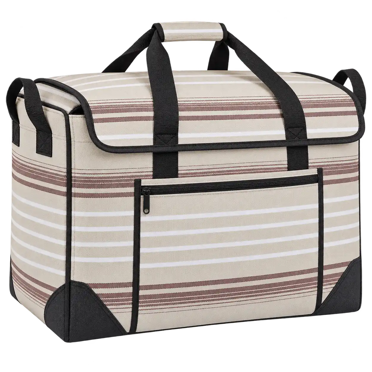 Pale Stone With Narrow White Stripes Polyspun Canvas Thermal Food Delivery Bag — As illustrated; custom strap colours available