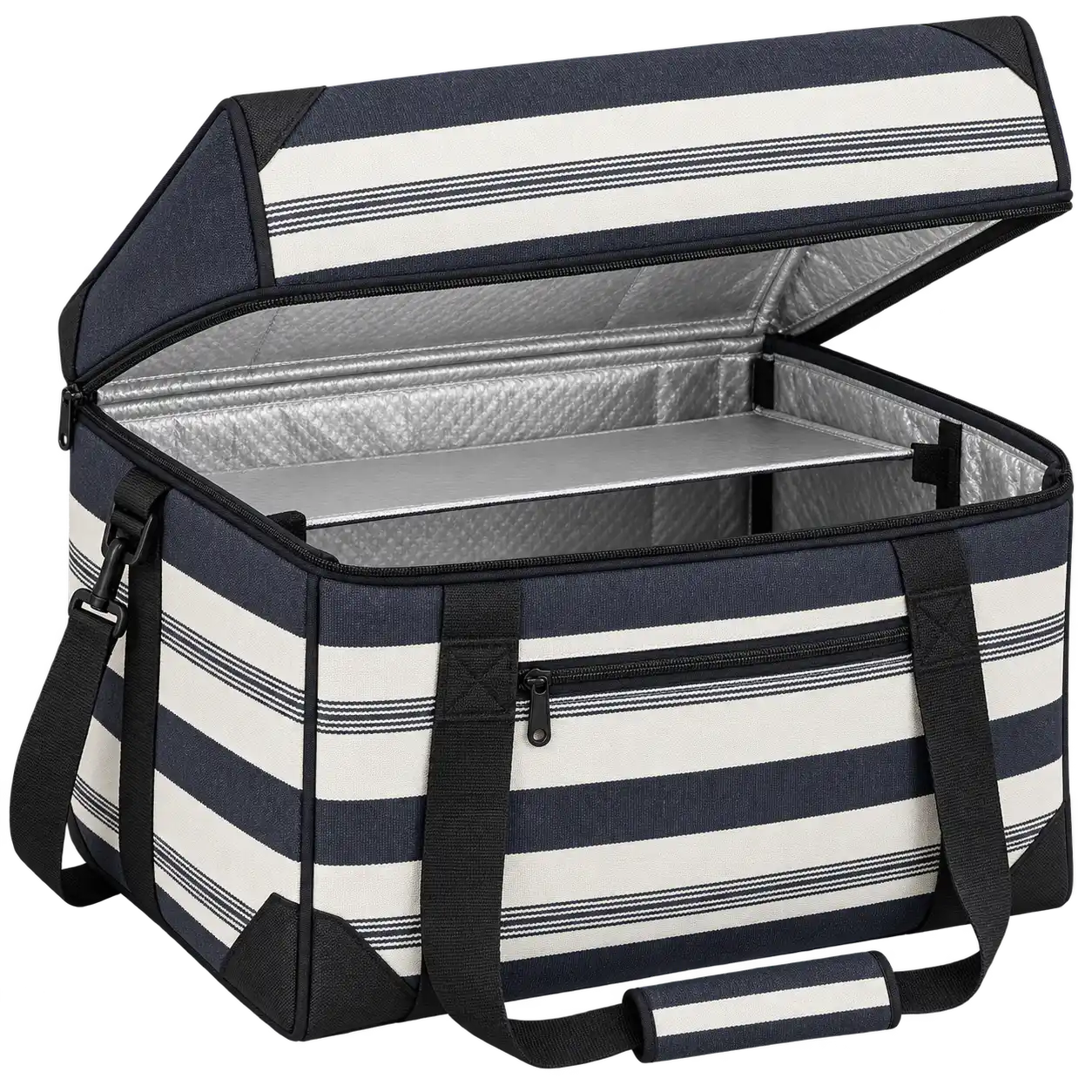 Navy Charcoal With Broad Ivory Stripes Polyspun Canvas Thermal Pizza Delivery Bag — As illustrated; custom strap colours available