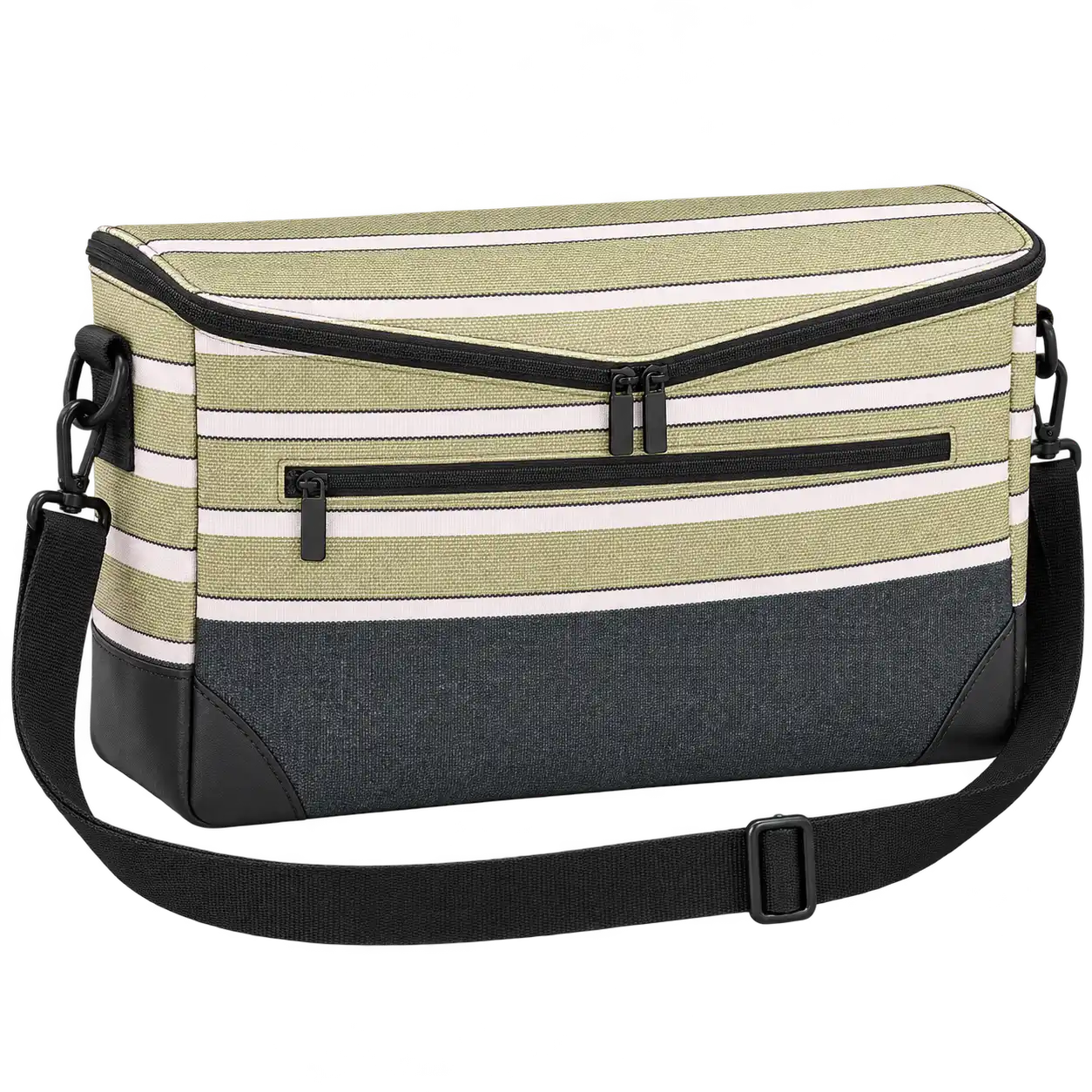 Charcoal With Olive And Pale Pink Stripes Polyspun Canvas Thermal Cooler Bag — As illustrated; custom strap colours available