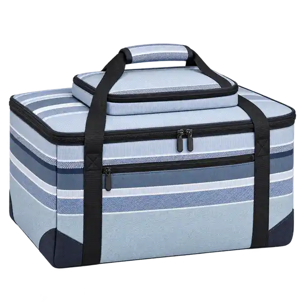 Light Blue Grey With Navy And White Stripes Polyspun Canvas Thermal Food Delivery Bag