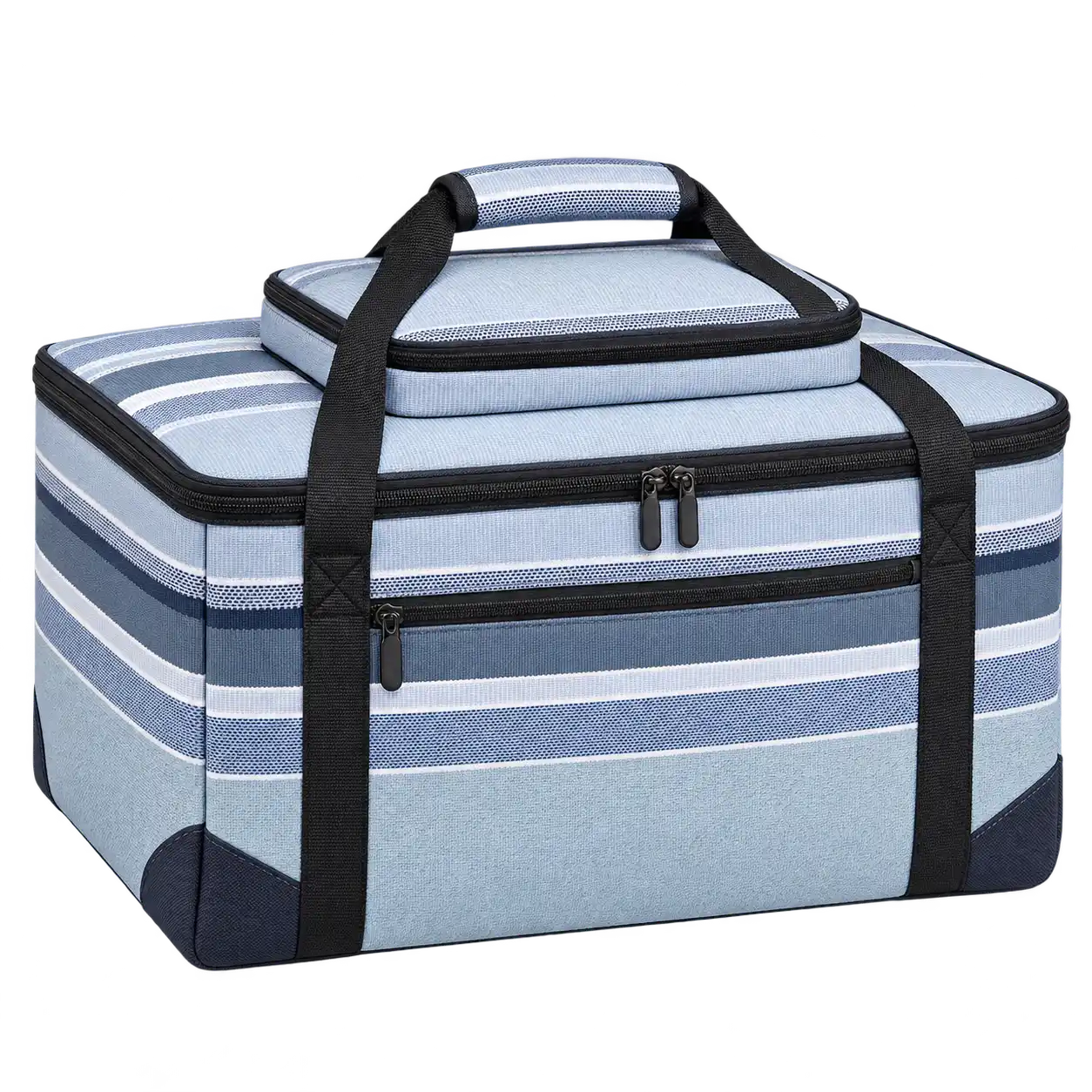 Light Blue Grey With Navy And White Stripes Polyspun Canvas Thermal Food Delivery Bag — As illustrated; custom strap colours available