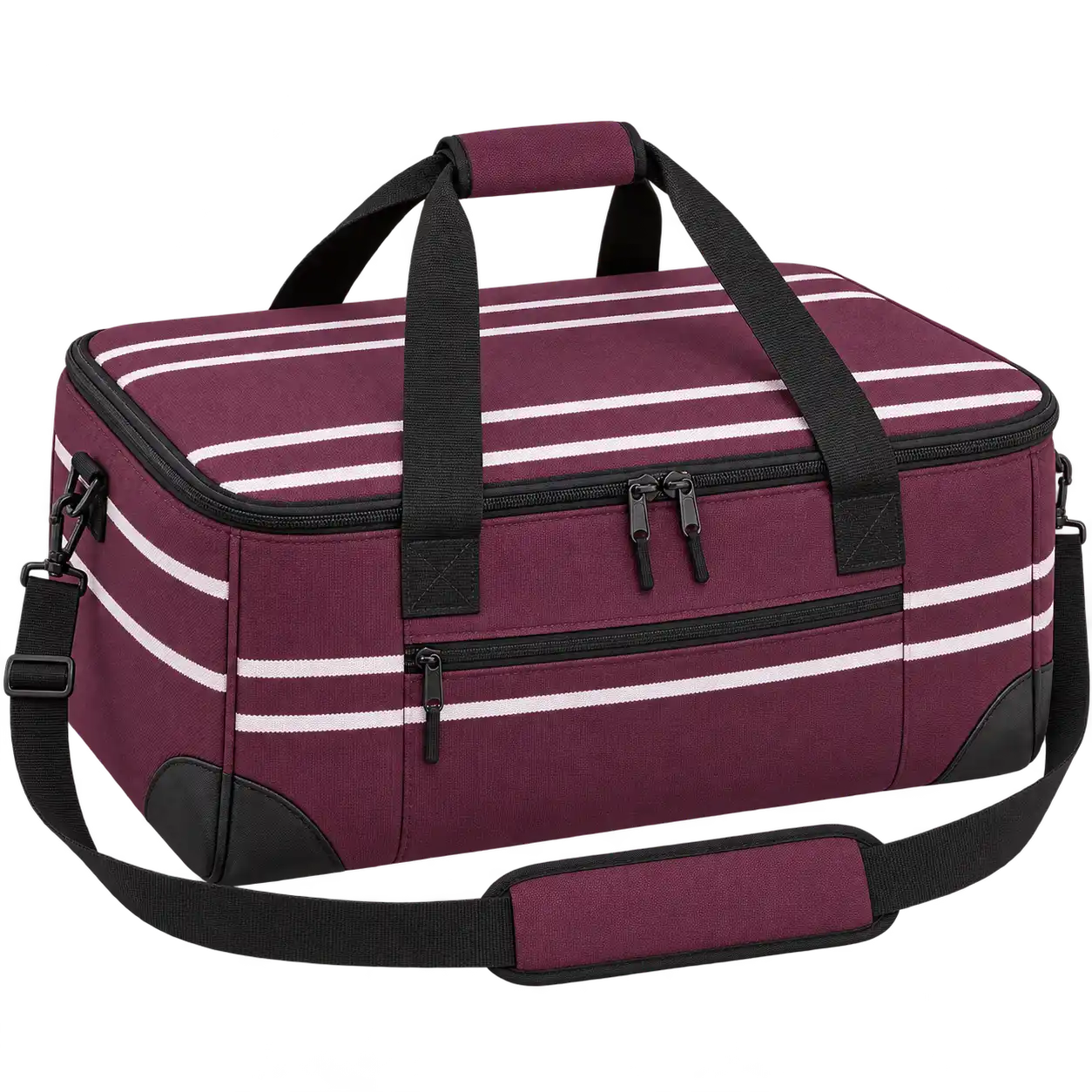 Plum Burgundy With Fine White Stripes Polyspun Canvas Thermal Pizza Delivery Bag — As illustrated; custom strap colours available