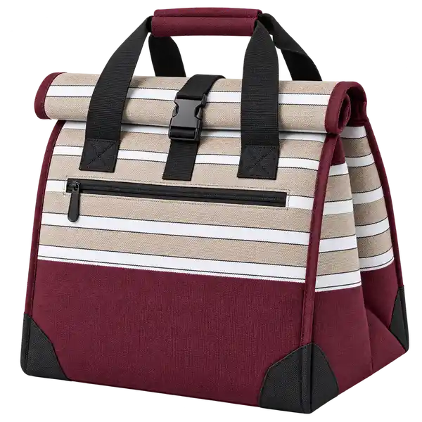 Burgundy With Taupe Grey And White Stripes Polyspun Canvas Thermal Burger Delivery Bag