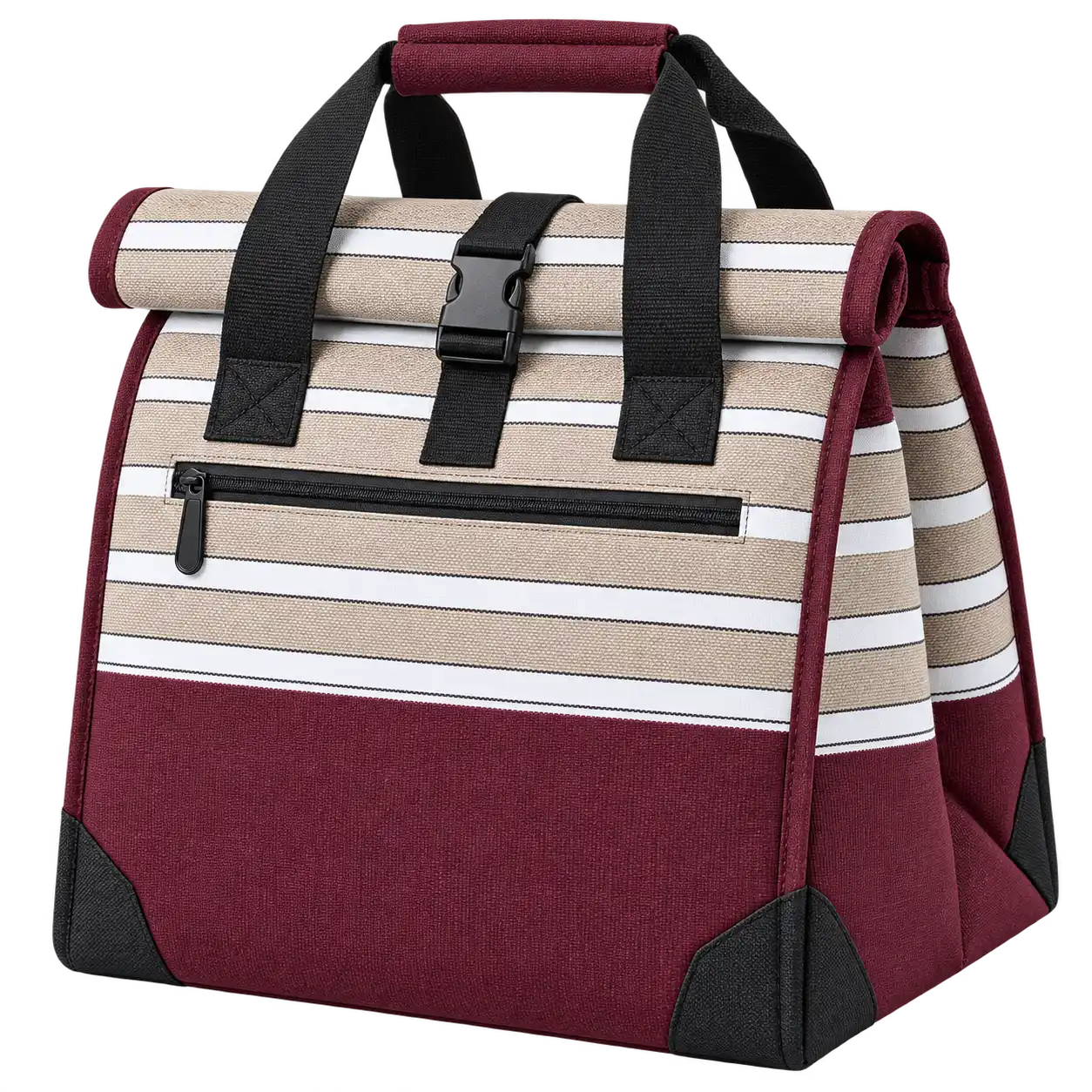 Burgundy With Taupe Grey And White Stripes Polyspun Canvas Thermal Burger Delivery Bag — As illustrated; custom strap colours available