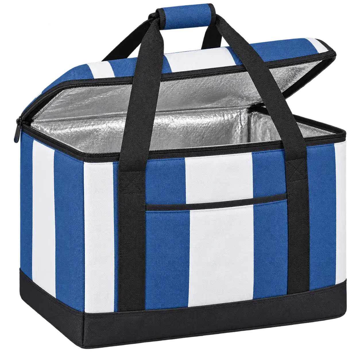 Denim Blue And White Broad Stripes Polyspun Canvas Thermal Food Delivery Bag — As illustrated; custom strap colours available
