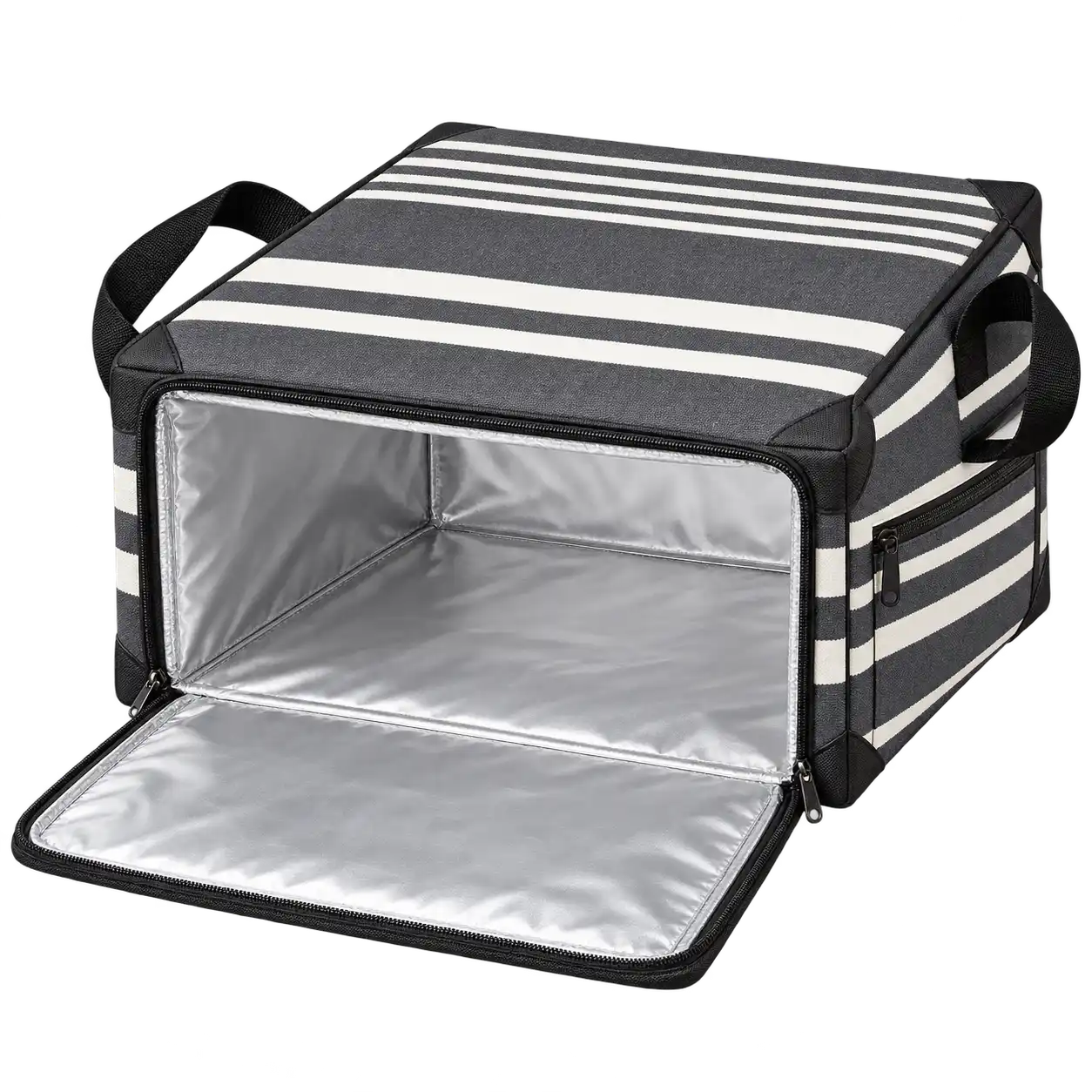 Charcoal Grey And Ivory Grouped Stripes Polyspun Canvas Thermal Pizza Delivery Bag — As illustrated; custom strap colours available
