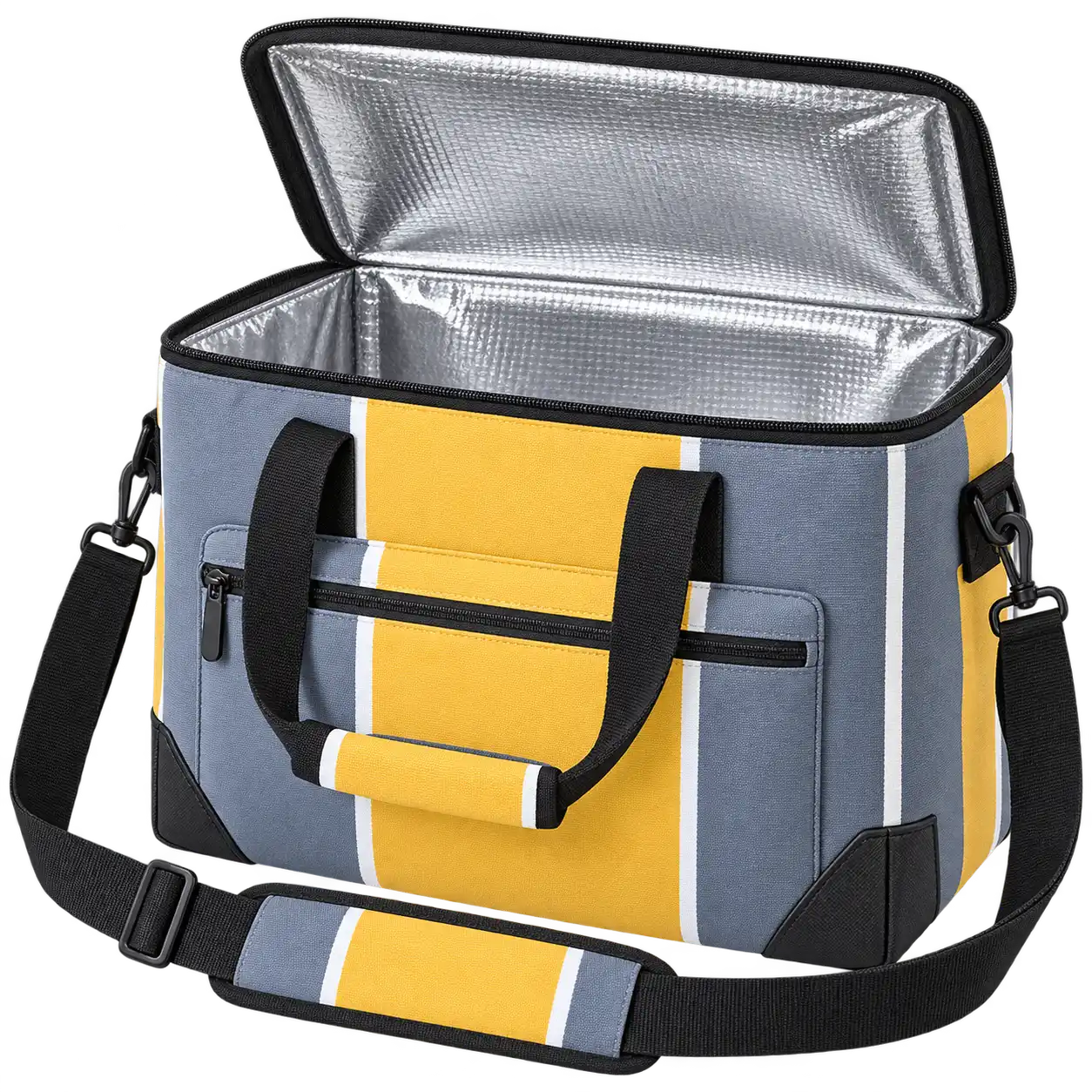 Slate Grey Golden Yellow And White Broad Stripes Polyspun Canvas Thermal Burger Delivery Bag — As illustrated; custom strap colours available