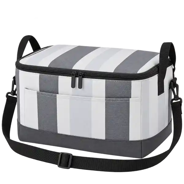 White And Slate Grey Broad Stripes Polyspun Canvas Thermal Cooler Bag