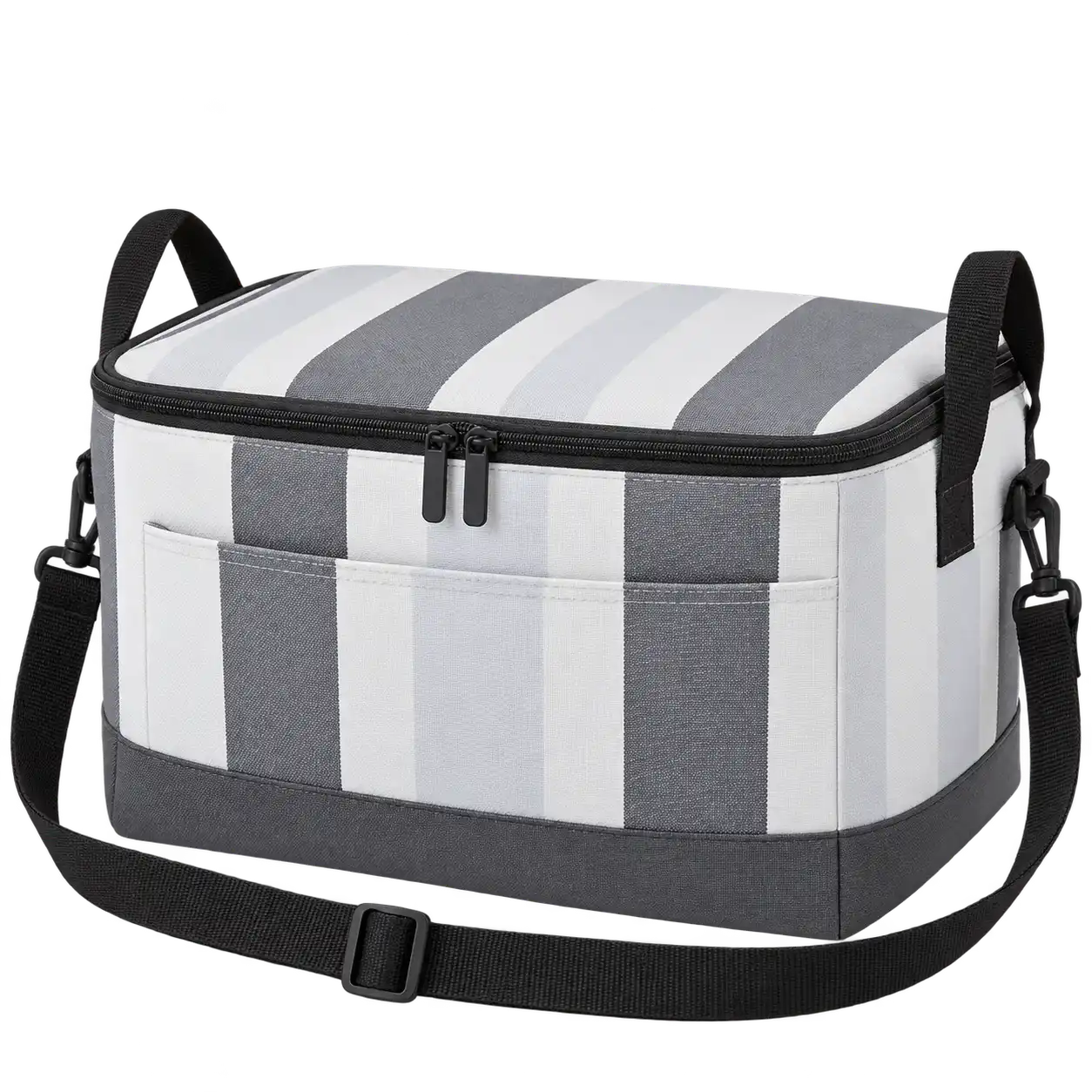 White And Slate Grey Broad Stripes Polyspun Canvas Thermal Cooler Bag — As illustrated; custom strap colours available