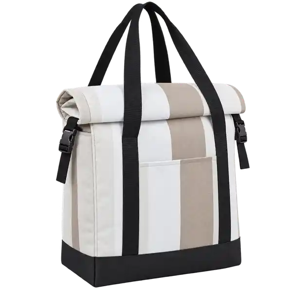 White And Taupe Broad Stripes Polyspun Canvas Thermal Food Delivery Bag
