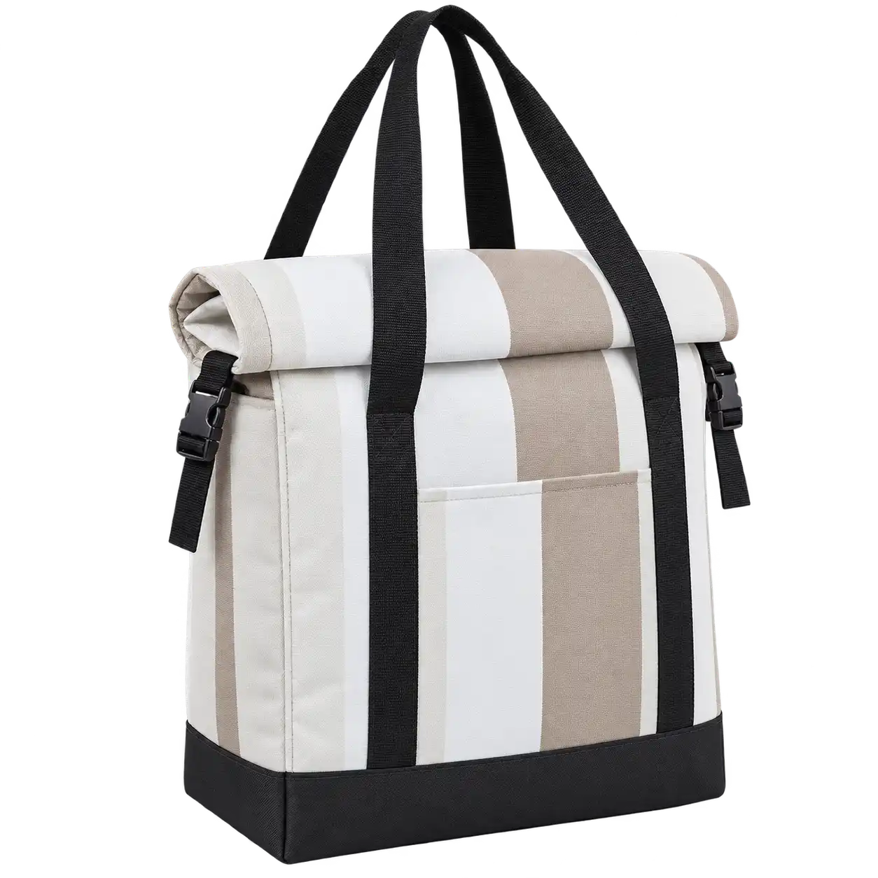 White And Taupe Broad Stripes Polyspun Canvas Thermal Food Delivery Bag — As illustrated; custom strap colours available