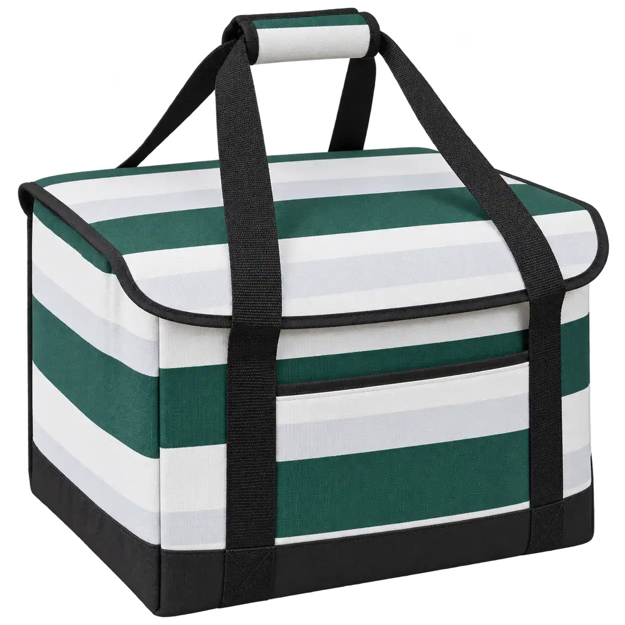White And Forest Green Broad Stripes Polyspun Canvas Thermal Pizza Delivery Bag — As illustrated; custom strap colours available
