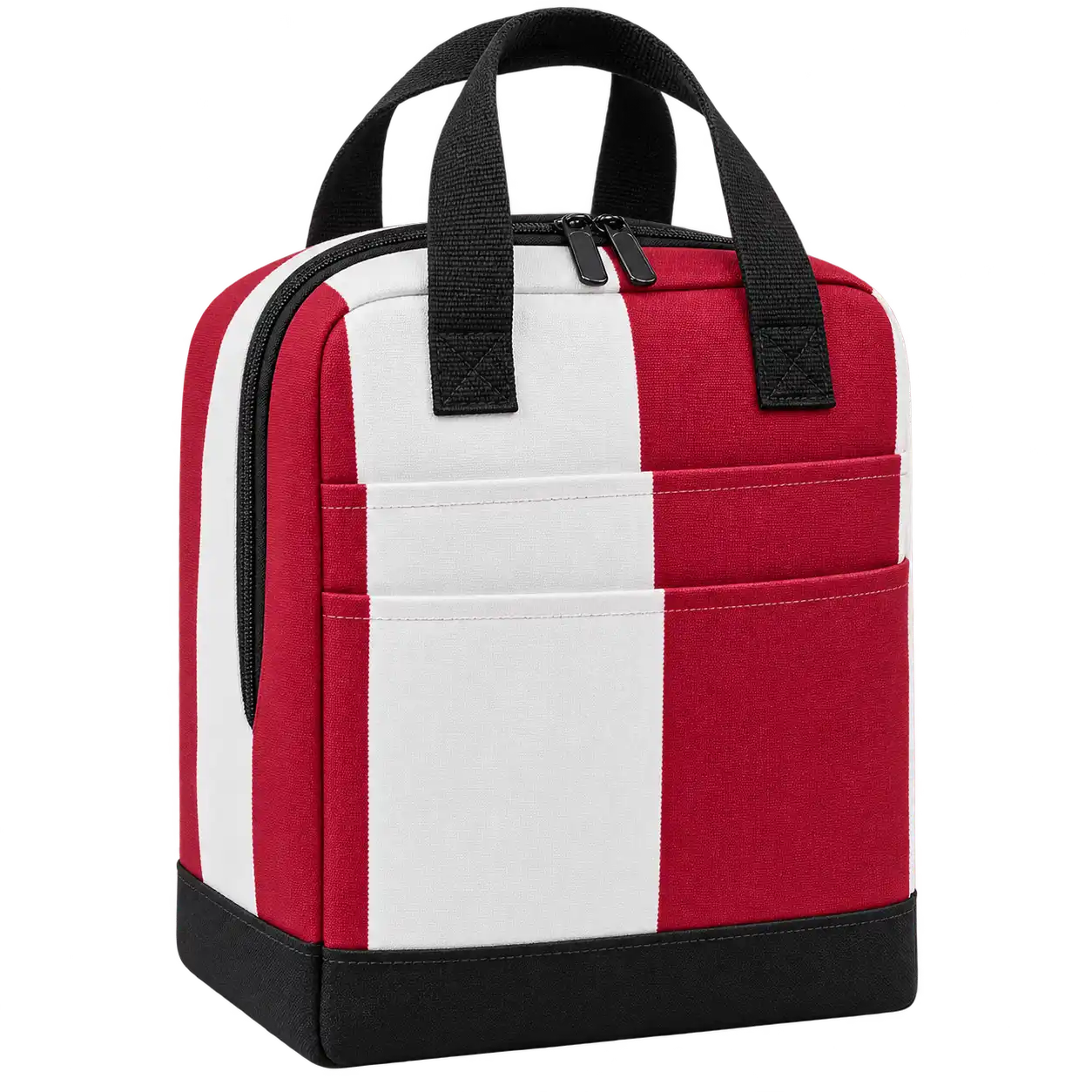 Red And White Broad Stripes Polyspun Canvas Thermal Burger Delivery Bag — As illustrated; custom strap colours available