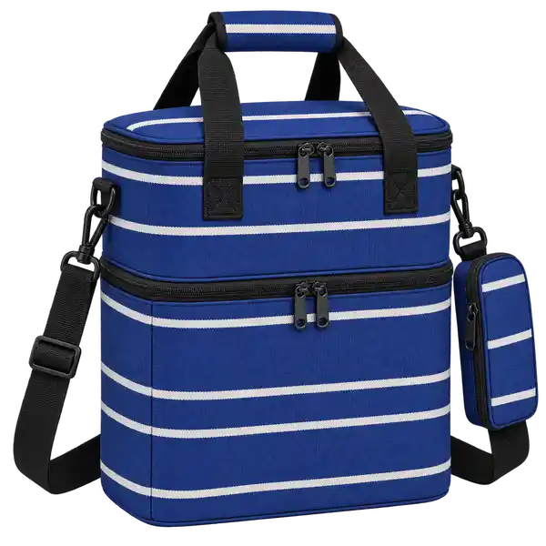 Navy With Grouped Thin Ivory Stripes Solution-Dyed Polyester Thermal Food Delivery Bag