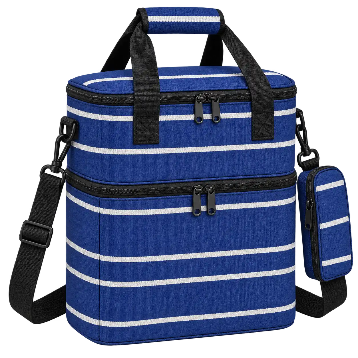 Navy With Grouped Thin Ivory Stripes Solution-Dyed Polyester Thermal Food Delivery Bag — As illustrated; custom strap colours available