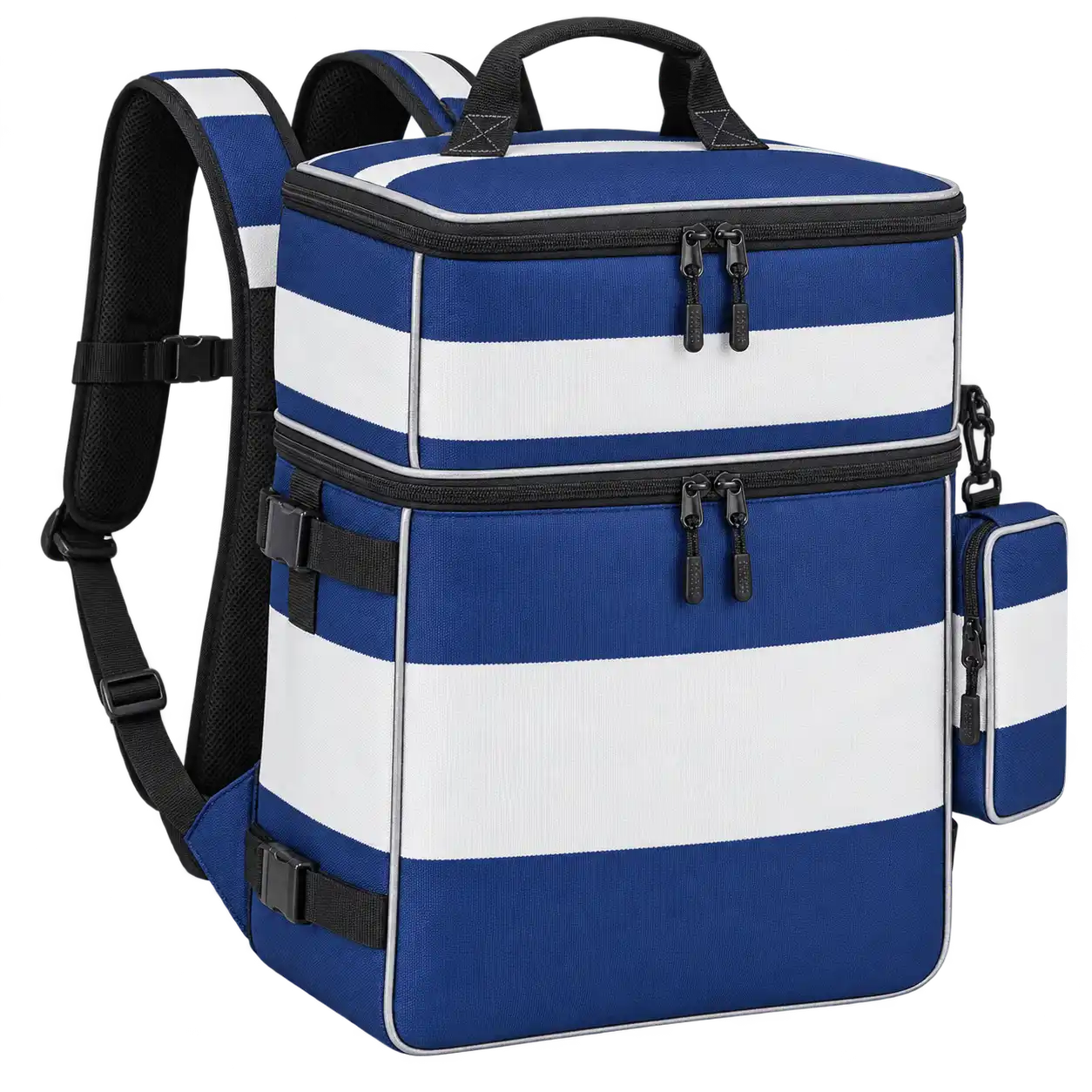 Navy And White Broad Stripes Solution-Dyed Polyester Insulated Rider Delivery Bag — As illustrated; custom strap colours available