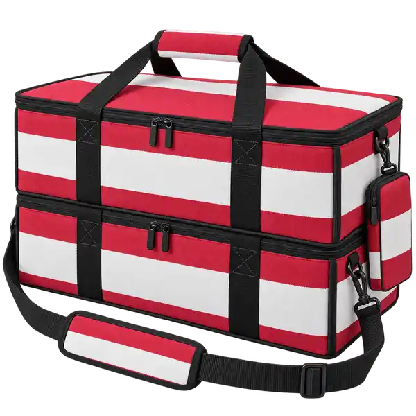 Red And White Broad Stripes Solution-Dyed Polyester Thermal Pizza Delivery Bag
