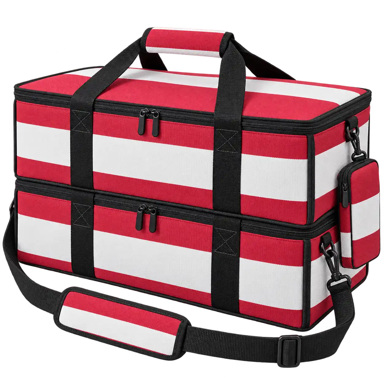 Red And White Broad Stripes Solution-Dyed Polyester Thermal Pizza Delivery Bag — As illustrated; custom strap colours available