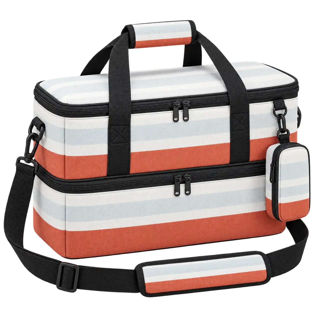 Terracotta White And Pale Grey Broad Stripes Solution-Dyed Polyester Thermal Burger Delivery Bag — As illustrated; custom strap colours available