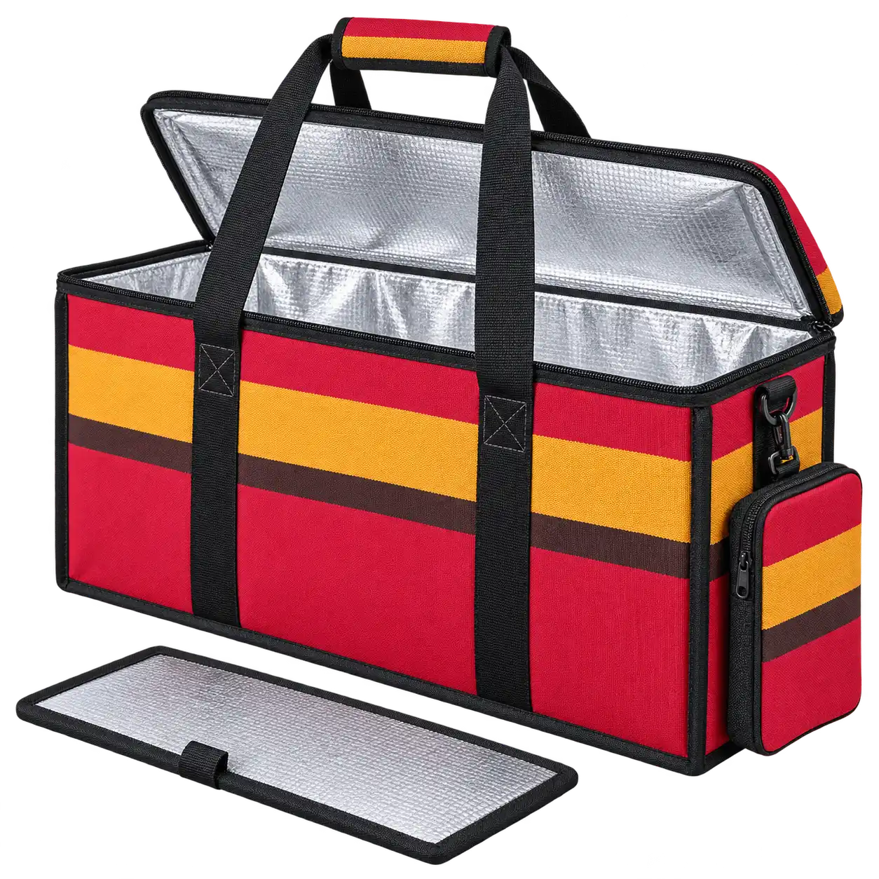 Red Yellow And Dark Narrow Stripe Bands Solution-Dyed Polyester Thermal Food Delivery Bag — As illustrated; custom strap colours available