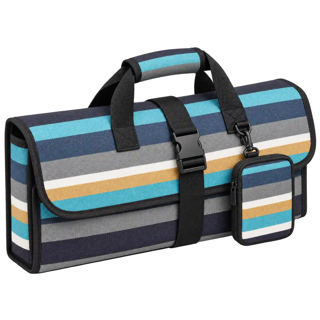 Charcoal Aqua White And Ochre Mixed Stripes Solution-Dyed Polyester Thermal Pizza Delivery Bag — As illustrated; custom strap colours available