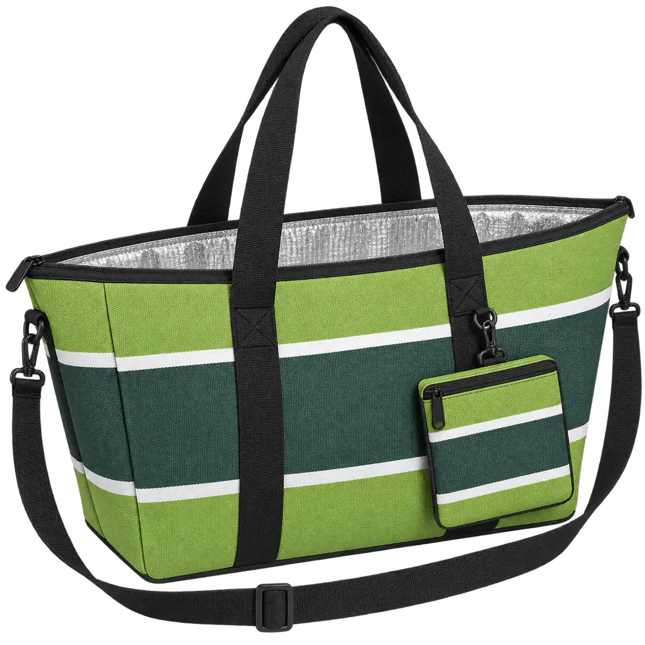 Forest Green Lime And White Broad Stripes Solution-Dyed Polyester Thermal Cooler Bag — As illustrated; custom strap colours available