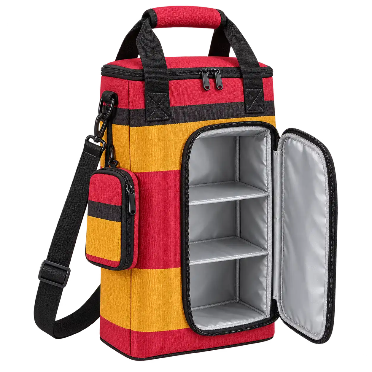 Red Gold And Black Broad Stripe Bands Solution-Dyed Polyester Thermal Food Delivery Bag — As illustrated; custom strap colours available