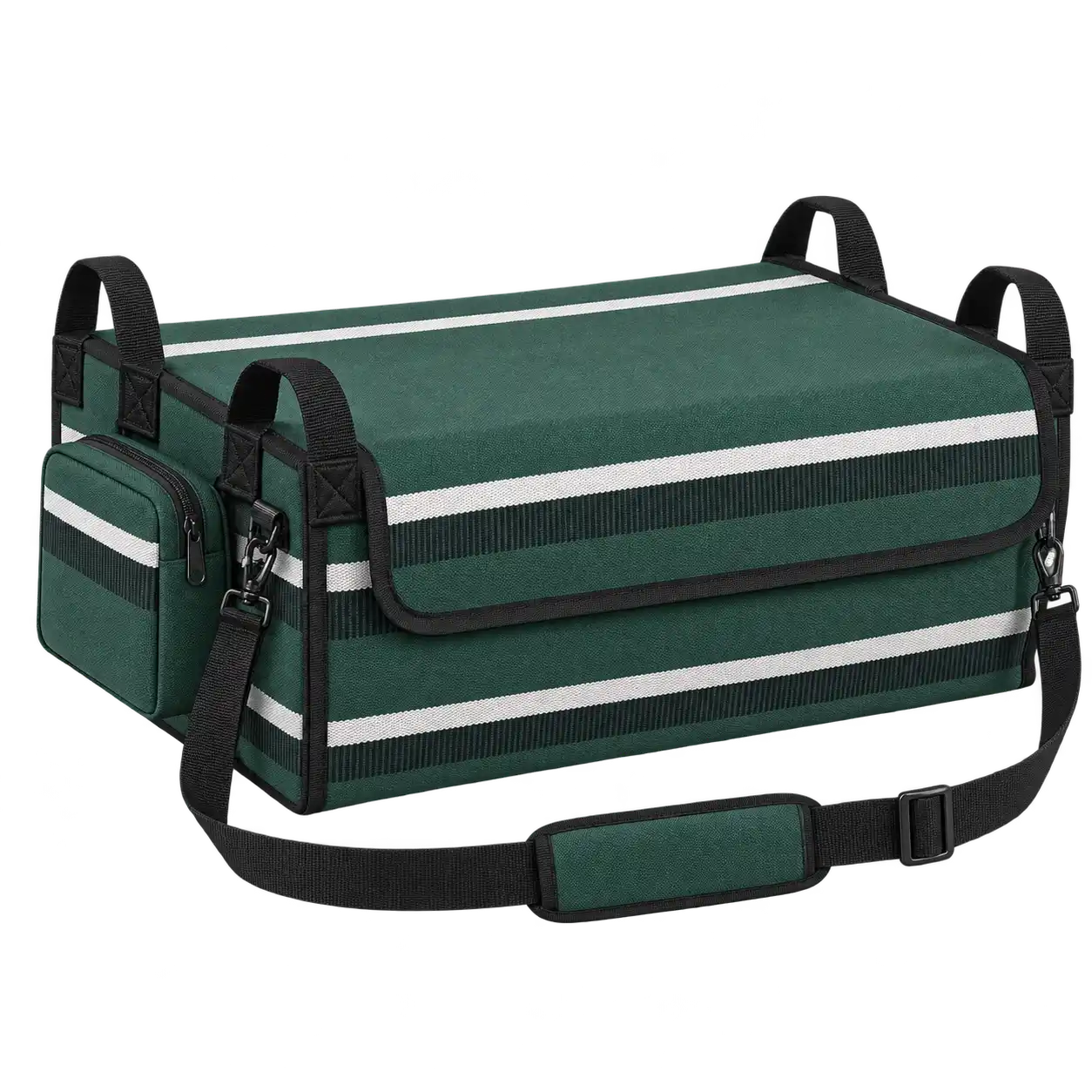 Forest Green And White Stripes Solution-Dyed Polyester Thermal Pizza Delivery Bag — As illustrated; custom strap colours available