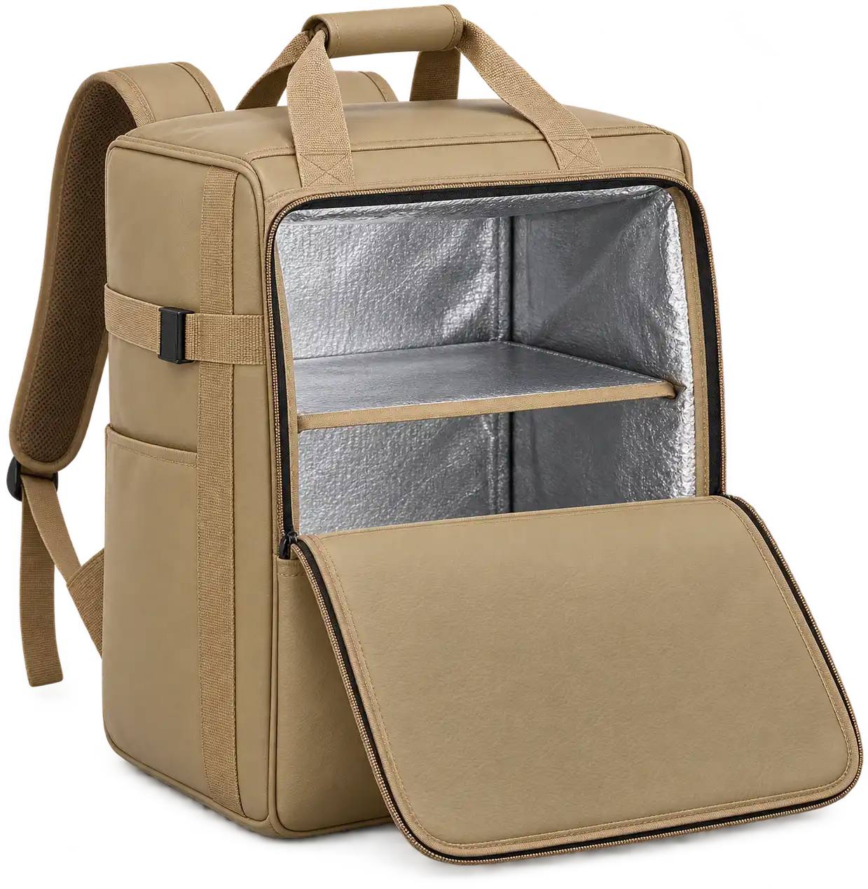 Khaki Beige Faux Leather Insulated Rider Delivery Bag — Camel tan